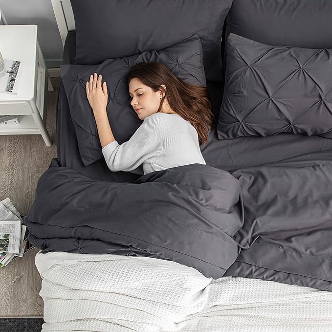 Bedsure Dark Grey Comforter Set Queen - Bed in a Bag Queen 7 Pieces, Pintuck Bedding Sets Dark Grey Bed Set with Comforter, Sheets, Pillowcases & Shams