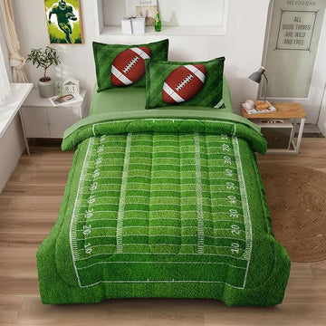 Football Comforter Set Full Size for Teen Boys, Kids Football Field Bedding Green Themed Bedroom Set with Sheets, Full Bed in a Bag Set