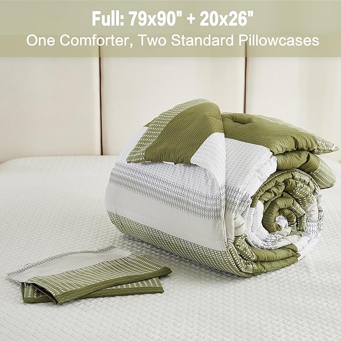 Litanika Olive Green Comforter Set Full - 3 Pieces Lightweight Olive Green White Colorblock Stripe Fluffy Bedding Comforter Sets, All Season Bed Set