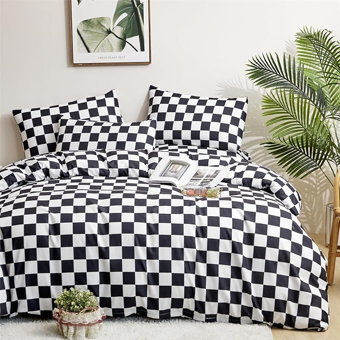 Black White Grid Comforter Set Cal King Black Plaid Bedding Set Women Black and White Checkered Bed Comforter Set Breathable Blanket Set Men Durable Bedding Comforter Set
