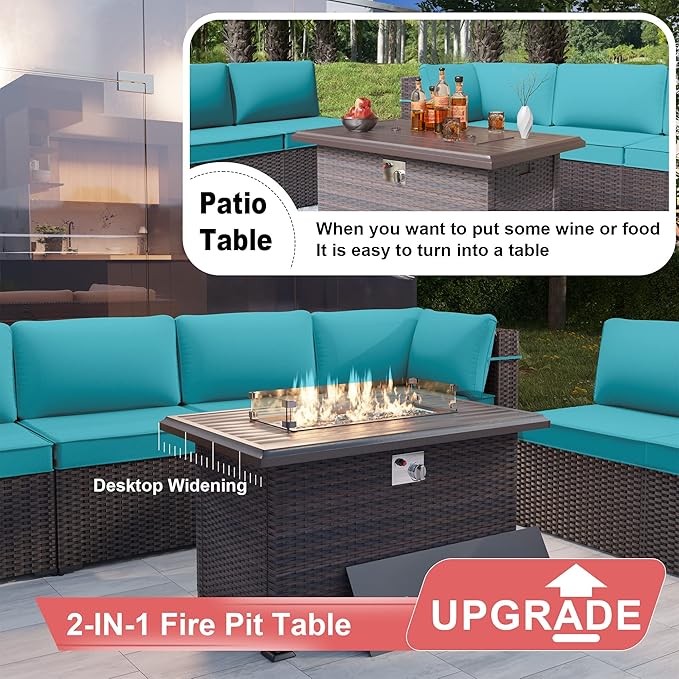 Patio Furniture Set with Fire Pit Table 15 PCS Outdoor Sectional Furniture Outdoor Rattan Patio Conversation Sets with 43in 55,000 BTU Propane Gas Fire Pit Table Glass Table, Blue
