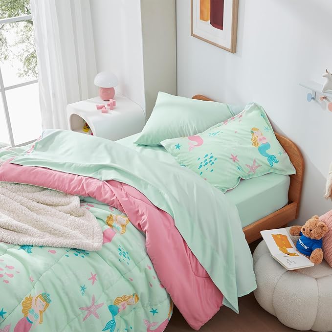 SLEEP ZONE Kids Bedding Comforter Set Full/Queen Size - Super Cute & Soft Kids Bedding 7 Pieces Set with Comforter, Sheet, Pillowcase & Sham (Mermaid Princess)