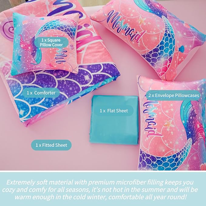 RYNGHIPY Mermaid Kids Girls Comforter Set Queen Size Pink Blue Gradient Fish Tail Bed in a Bag - includes Comforter & Sheet Set for Teens Girls Super Soft Kids Bedding