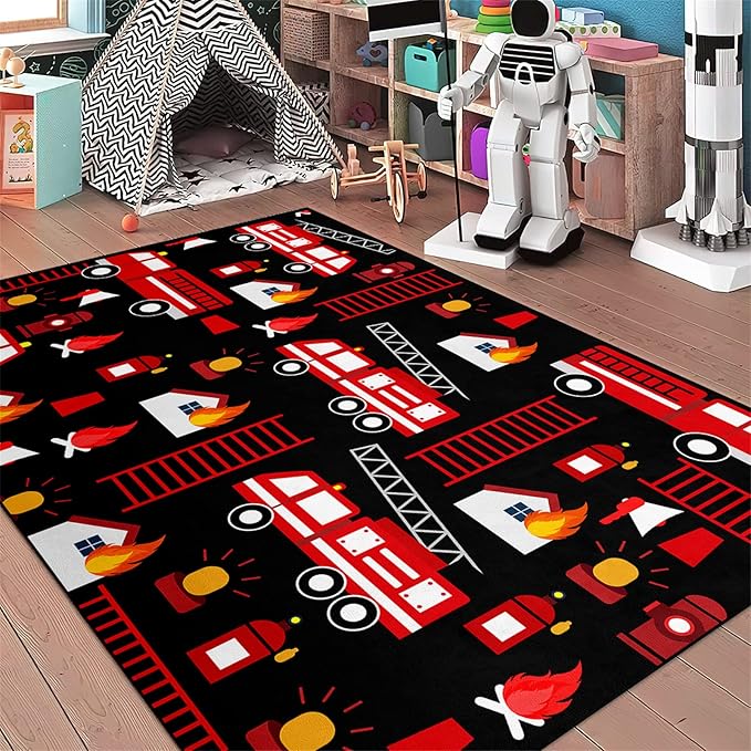 Car Play Rug Fire Fighting Truck Area Rug Car Rug Play Mat Kids Rugs for Playroomcar Rug for Boys Room Carpet Floor Mat for Bedroom Living Room,Black 2'5''×4'