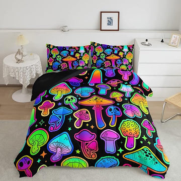 Mushroom Comforter Set Kids Bedding Set Twin,3Pcs Colorful Soft Black Gradient Mushroom Quilt Set Bed in A Bag with 1 Comforter 2 Pillowcases for Kids Boys Girls Teens Adults Room Decor All Season