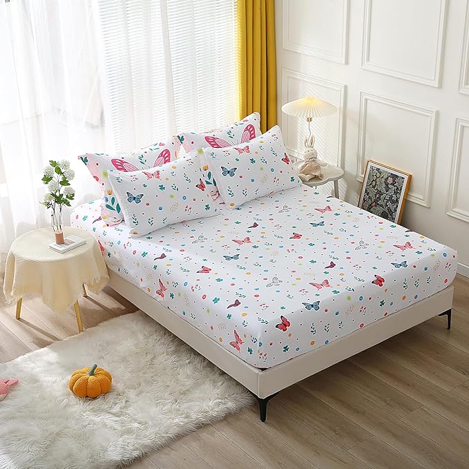 Girls Butterfly Comforter Set Full Size 7 Piece Bed in A Bag Colorful Flowers Leaves Bedding Set for Kids Teens Super Soft All Season