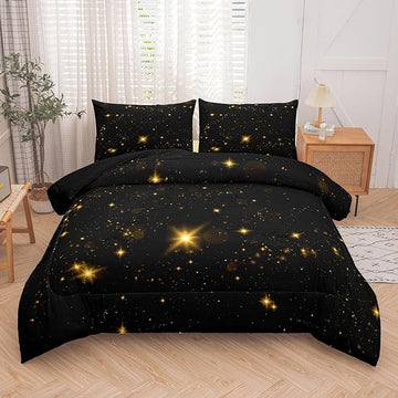 Tailor Shop Glitter Comforter Sets King Size Black and Glod Comforter Sets for Kids Boys Teens Star Glitter Bedding Sets Twinkle Starlight Comforter Sets with 1 Comforter 1 Pillowcases