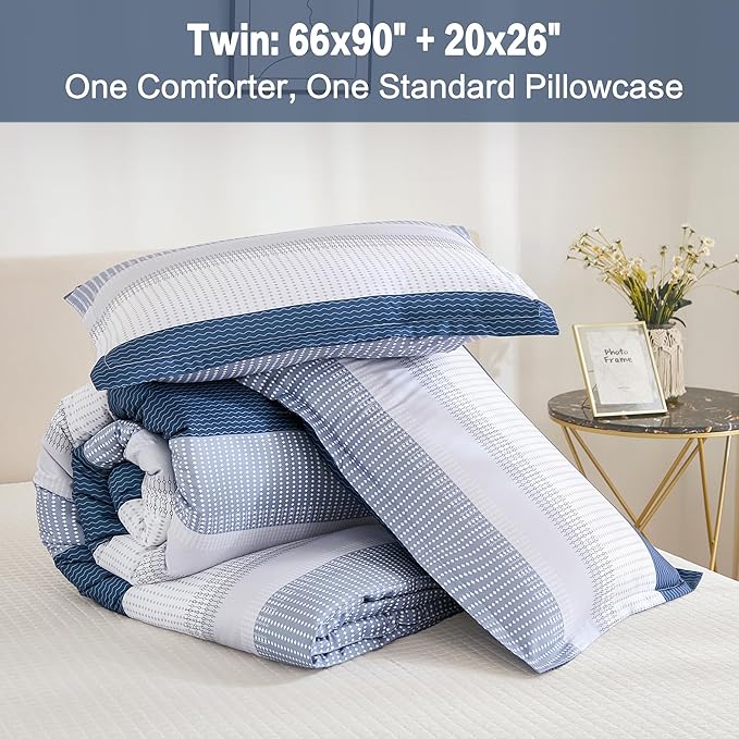 Litanika Mineral Blue Bed Comforter Set Twin/Twin XL Size, 2 Pieces Lightweight Striped Bedding Comforter Set, Soft All Season Down Alternative Comforter (1 Comforter, 1 Pillowcase)