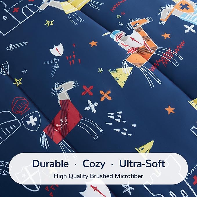 SLEEP ZONE 7 Pieces Kids Comforter Bed in A Bag, Soft Lightweight, Fluffy & Durable Children Bed Set with Comforter, Sheet, Pillowcase & Sham (Knight‘s Tale, Full/Queen)