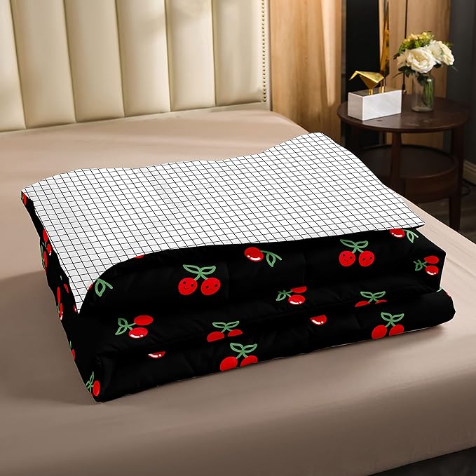 Red Cherry Comforter Set for Kids, Fruit Kawaii Bedding Set Queen, Cartoon Cute Cherry Duvet Sets for Boys Girls Women Bedroom Decor, Reversible Luxury Soft Down Comforter with 2 Pillow Cases, Black