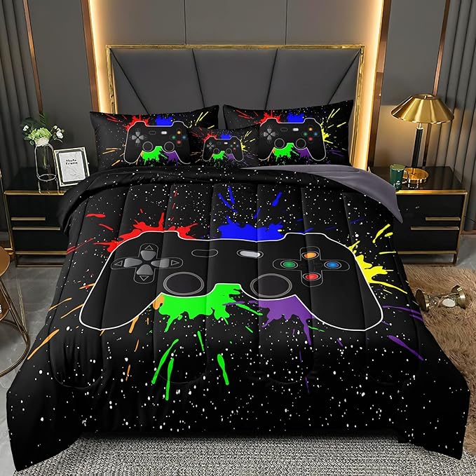 6 Pieces Gamer Comforter Set for Boys Gaming Bedding Set Full Size,Video Game Controller Comforter for Boys Kids Adult 3D Gamepad Microfiber Bedding Sets 6 Pieces Bed in A Bag Sets3001,Full