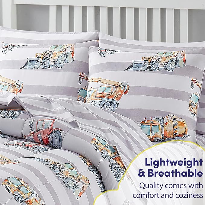 Kids Bedding Set Bed in a Bag for Boys and Girls Toddlers Printed Sheet Set and Comforter , Twin, Trucks
