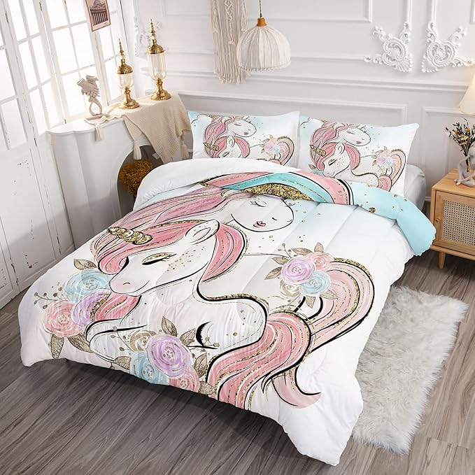 CVHOUSE Unicorn Bedding Twin Size,Unicorn Bedding Set for Girls Kids,Cute Unicorn Comforter Set Chrismas Duvet Set Unicorn Quilt Set Girls Room Decor 3 Pieces
