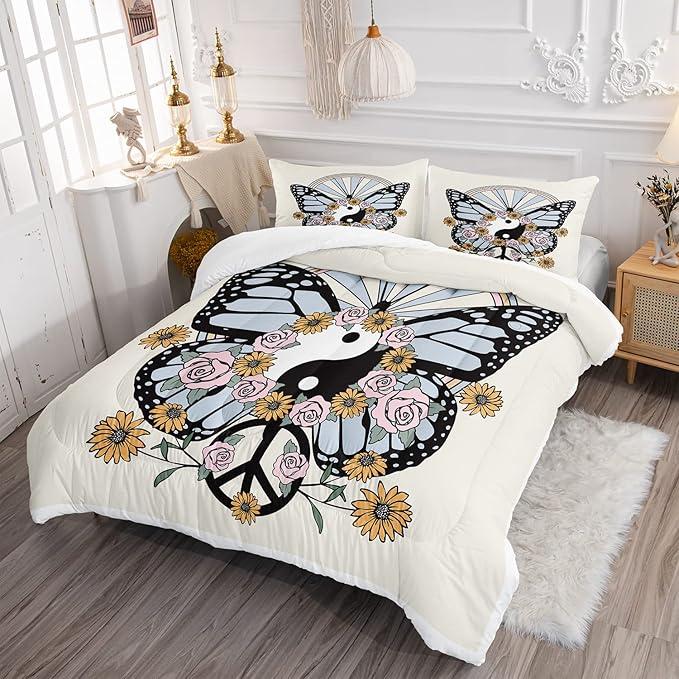 CVHOUSE Butterfly Bedding Set,Butterfly Comforter Twin,Butterfly Comforter Set for Girls Kids Teens,Butterflies Quilt Set with 1 Comforter and 2 Pillow Cases- 3 Piece