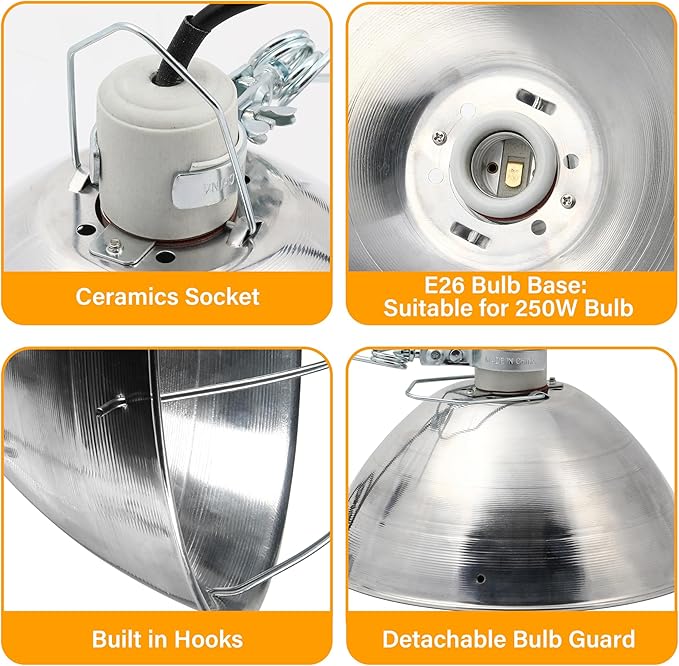 Simple Deluxe Clamp Lamp Light with 10.5 Inch Aluminum Reflector and Bulb Guard up to 250 Watt E26 Socket (no Bulb Included) 6 Feet 18/2 SJT Cord, Silver