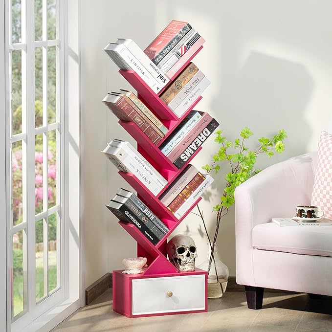 8 Tier Tree Bookshelf with Drawer, Free Standing Wood Bookcase for Narrow Space, Storage Organizer Bookshelves for Books, Book Case for Home Office, Living Room, Bedroom - Pink