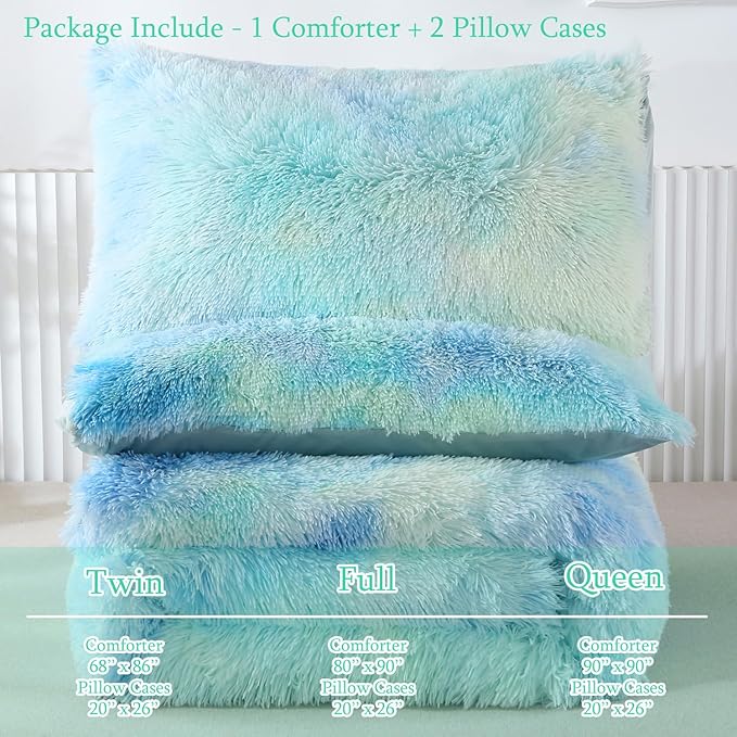 WINLIFE Shaggy Bedding Comforter Set Faux Fur Flannel Furry Comforter Microfiber Long Hair Fluffy Plush Comforter Sets Gradient Ombre Blue Aqua Teal Bedding for Girls Adults (3Pcs, Twin, Mint Green)