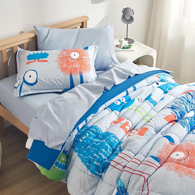 SLEEP ZONE Kids Bedding Comforter Set Full/Queen Size - Super Cute & Soft Kids Bedding 7 Pieces Set with Comforter, Sheet, Pillowcase & Sham (Monster)