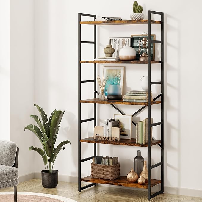 Shintenchi Bookshelf, 5 Tier Bookshelf, Tall Bookcase Shelf for CDs/Movies/Books, Home Office Bookcase Shelf Storage Organizer, Modern Book Shelf for Bedroom/Living Room/Home Office, Rustic Brown