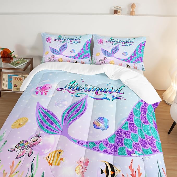 HOSIMA Mermaid Tail Comforter Set for Kids Girls Teens Bedroom Decor,Cartoon Scallop Sea Turtle Sea Horses Octopus Kawaii Bedding Set Mermaid Fish Scale Queen Comforter Set.Ocean Comforter