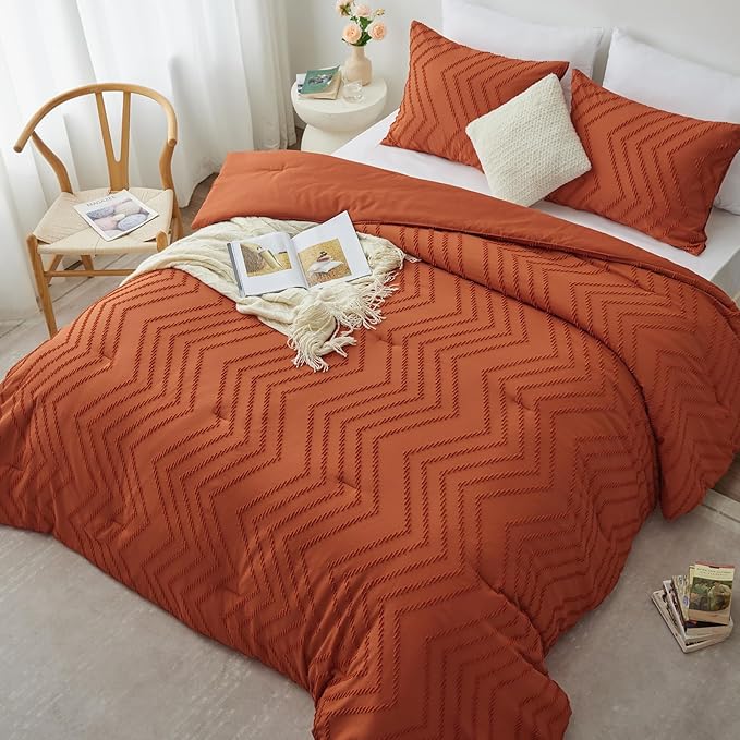 CozyLux Full Size Comforter Set Burnt Orange - 3 Pieces Terracotta Boho Tufted Shabby Chic Bedding Comforter Set for All Seasons, Chevron Bedding Sets with Comforter & 2 Pillow Shams