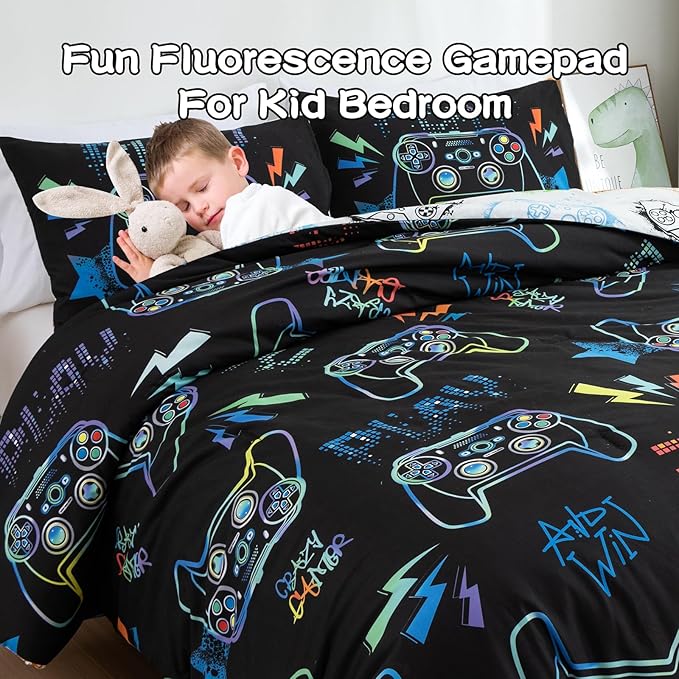 Meeting Story Gamer Gaming Bedding Sets Fluorescence Gamepad Comforter Set for Boys Games Console Action Buttons Novelty Colorful Modern Room Decor Home Quilt Set (Black, Full)