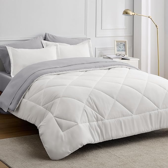 Bedsure Ivory California King Size Comforter Set - 7 Pieces Reversible California King Bed in a Bag, California King Ivory and Grey Bed Set with Comforters, Sheets, Pillowcases & Shams