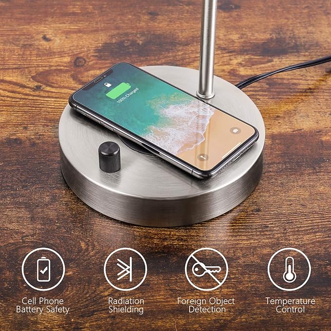 USB Desk Lamp – Table Lamp with Wireless Charging Pad and USB Port, Edison Bedside Nightstand Lamp with Metal Base for Guestroom Bedroom Living Room Office, Satin Nickel