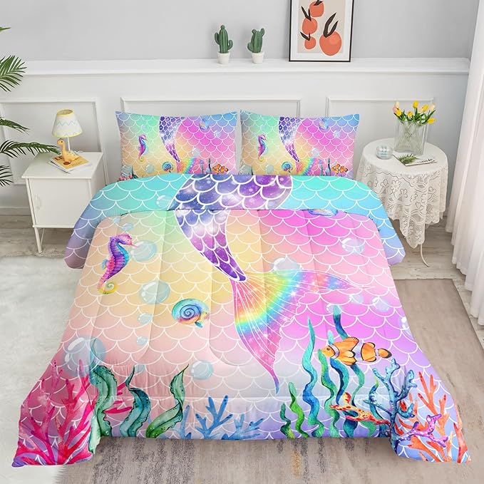 Bedding Comforter Set Rainbow Pink Mermaid Tail Printed Pattern Quilt with 1 and 2 Pillowcases for Girls Bedroom All Season(Rainbow Twin) Twin 68x86inches