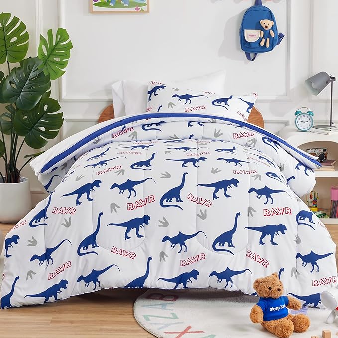 SLEEP ZONE Cartoon Dinosaur Comforter Set, Dark Blue Kids Bedding Set for Boys, Dinosaurs Print Comforter, Sheet, Pillowcase & Sham (Dinosaur Footprints, Twin)