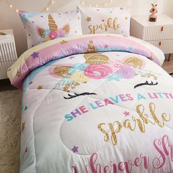 Twin Size Comforter Set for Girls, 3-Piece Bed in a Bag, 3D Colorful Unicorn Bedding Comforter Sheet Set, Ultra Soft and Fluffy, Pink & Rainbow Color
