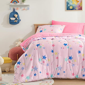 SLEEP ZONE Kids Comforter Set, Jersey Knit 3 Pieces Bedding Set for Girls, Soft, Breathable, Washable, Easy Care (Colorful Stars, Full/Queen)