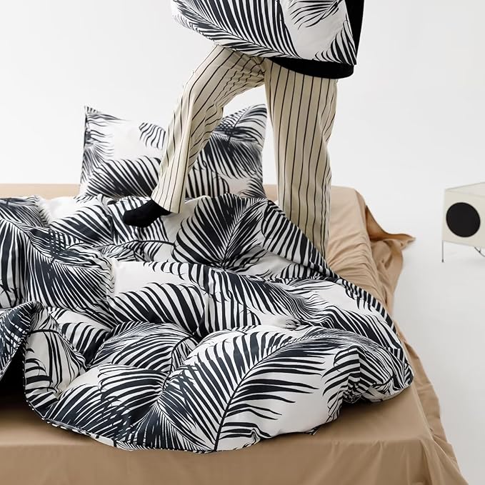 Comforter Set, Full Size, Black Leaves, Modern Boho, 3PCs, All Seasons, Cotton, Breathable, Durable, Ideal Gift, Unisex, Botanical, Lightweight, Warm, Washes Cold, Low Dry
