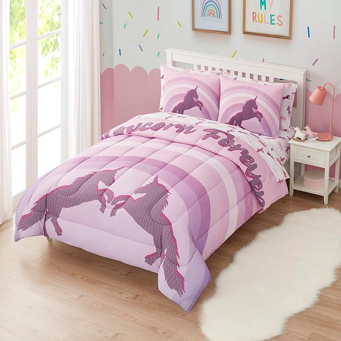 Kids Bedding Set Bed in a Bag for Boys and Girls Toddlers Printed Sheet Set and Comforter, Full, Unicorn Forever