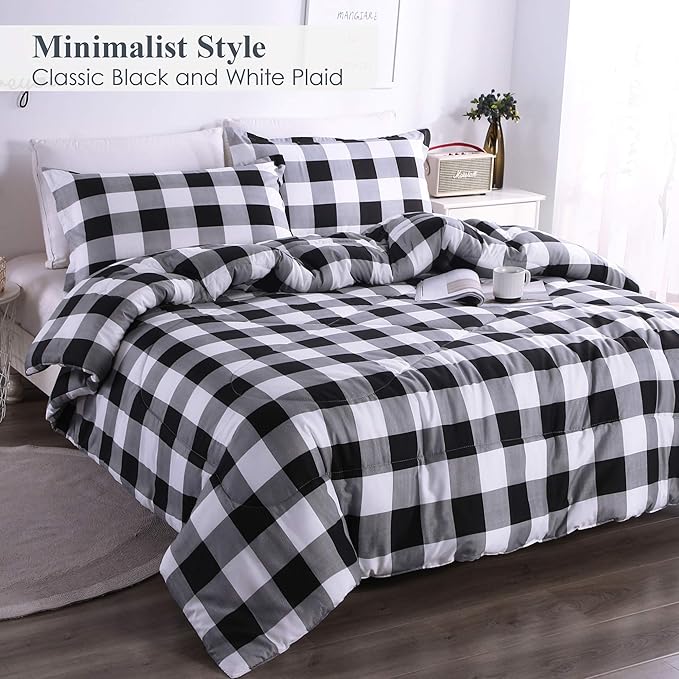 Andency Black Plaid Comforter Set King Size (90x104 Inch), 3 Pieces (1 Gingham Comforter and 2 Pillowcases), Summer Lightweight Microfiber Buffalo Check Down Alternative Comforter Set