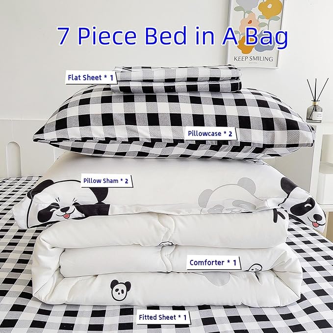 7 Piece Kids Panda Comforter Set Full Size - Black White Cute Panda Bedding Set Bed in A Bag for Girls Boys Teens - Soft Comfortable Machine Washable Bed Set