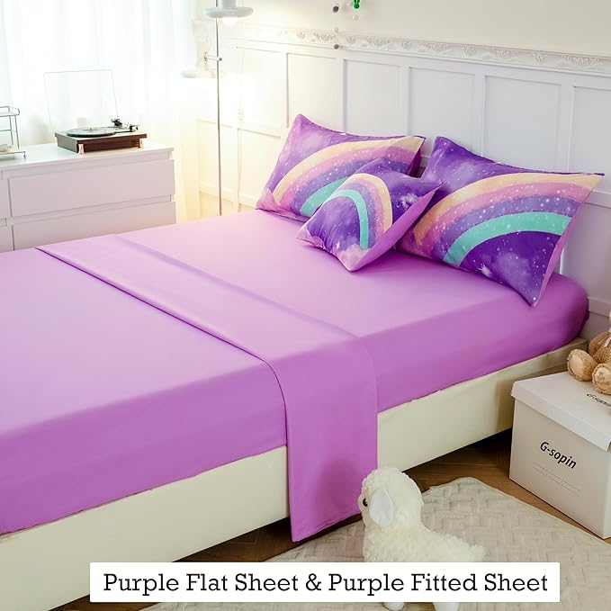 Purple Rainbow Girls Full Size Comforter Set, 6 Pieces Gradient Glitter Kids Bedding Sets, Galaxy Kids Bedroom Decor Bed in A Bag with Sheets for Girls Teens