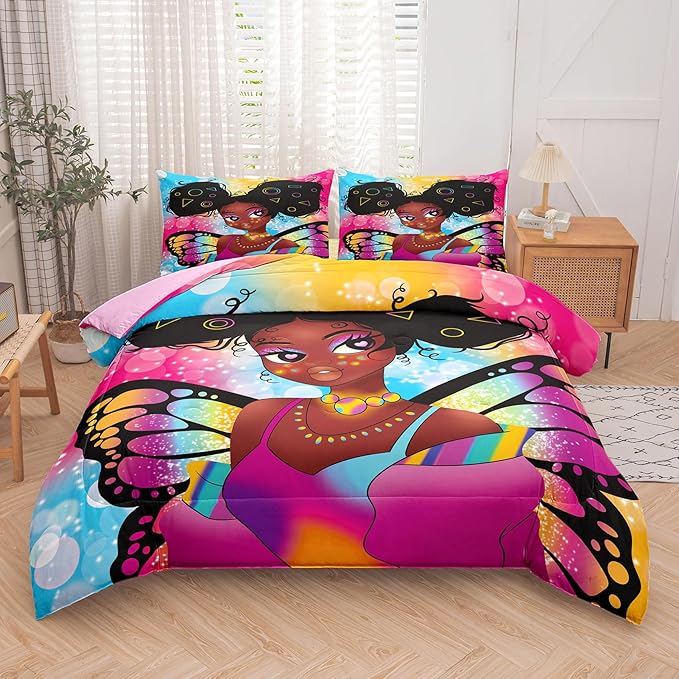 Tailor Shop Fantasy Black Girl Comforter Set Rainbow Butterfly Queen Size Bedding Sets for Girls Kids Kawaii Magic African American Black Girl Bedding Set with 2 Pillowcase Girls Room Decor
