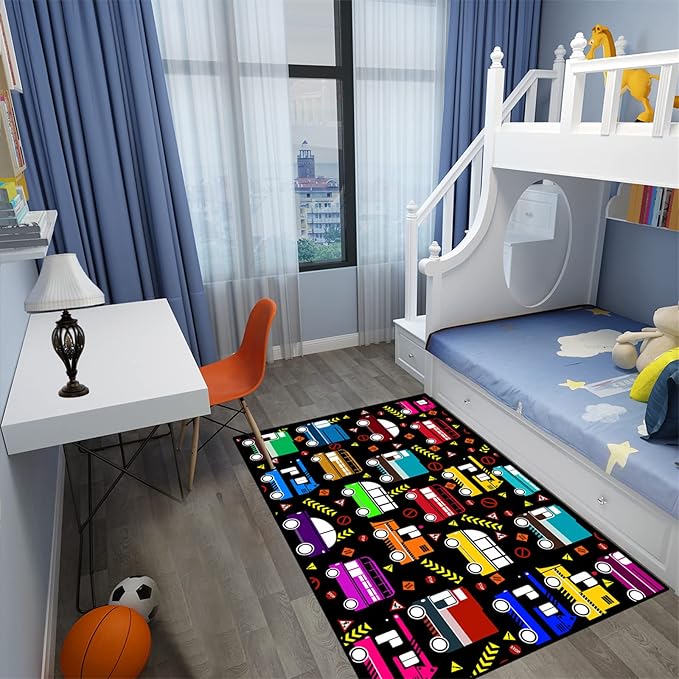 Car Play Mat Kids Rugs for Playroom Car Track Rug Kids Mat Construction Play Mat Car Play Rug Car Carpet for Kids Carpet for Bedroom Truck Rugs for Boys Room,Black 3'×5'