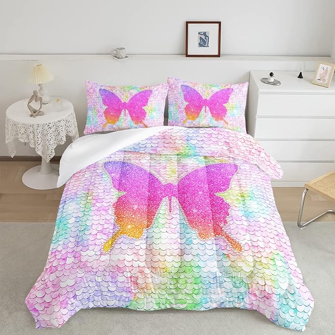 CVHOUSE Butterfly Bedding Set,Butterfly Comforter Queen,Butterfly Comforter Set for Girls Kids Teens,Butterflies Quilt Set with 1 Comforter and 2 Pillow Cases- 3 Piece