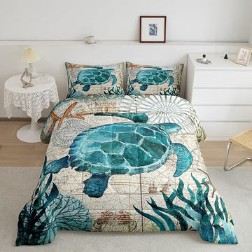 Erosebridal Turtle Bedding Teal Turtle Comforter Set Turquoise Ocean Themed Mediterranean Style Printed Design Ocean Turtle Down Quilted Duvet Set Twin Size 1 Comforter 1 Pillowcase (Twin, Turtle)