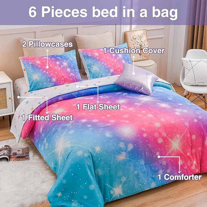 A Nice Night 6Pcs Gradient Glitter Bedding Set for Girls, Colorful Rainbow Galaxy Comforter Set, Ultra Soft Bedding Sets (Pink-Blue,Twin 6Pcs)