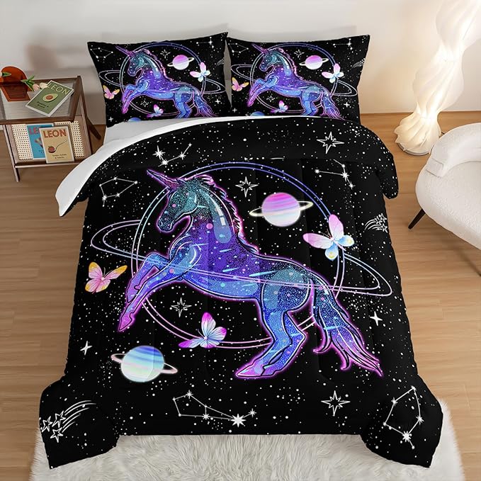 HOSIMA Unicorn Bedding Sets for Girls Kids,Butterfly Star Empty Galaxy Comforter,Unicorn Bedroom Decor for Girls Boys,Soft Black Comforter Full Size Bed in a Bag Set,Butterfly Crib Bedding Set.