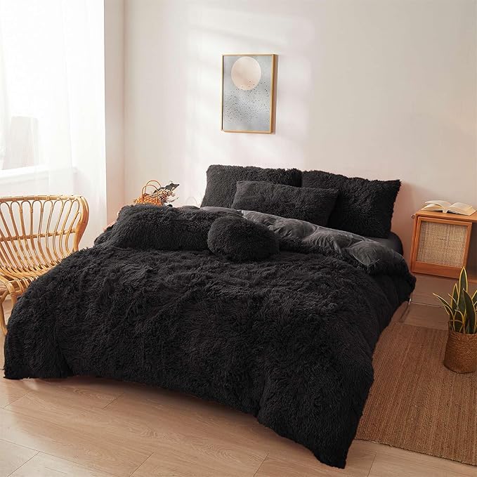 FOPPA Black fluffy Comforter Cover Set king- Ultra Soft fluffy Black Bedding Sets 3 Pieces (1 Duvet Cover + 2 Pillow case) pink fluffy bed set (Black, King)