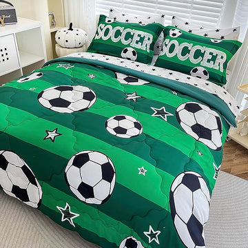 7 Piece Boys Soccer Comforter Set Twin Size Bed in A Bag 3D Football Playground Sports Bedding Set for Kids Microfiber Comforter All Season Green