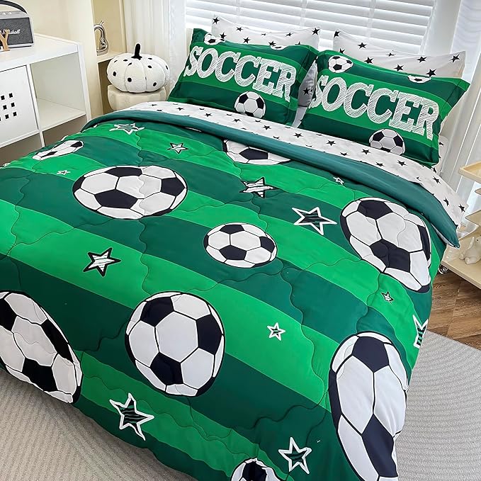 7 Piece Boys Soccer Comforter Set Queen Size Bed in A Bag 3D Football Playground Sports Bedding Set for Kids Microfiber Comforter All Season Green