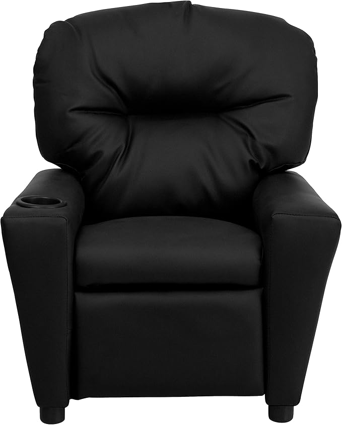 Flash Furniture Chandler LeatherSoft Kids Recliner with Cup Holder and Safety Recline, Contemporary Reclining Chair for Kids, Supports up to 90 lbs., Black