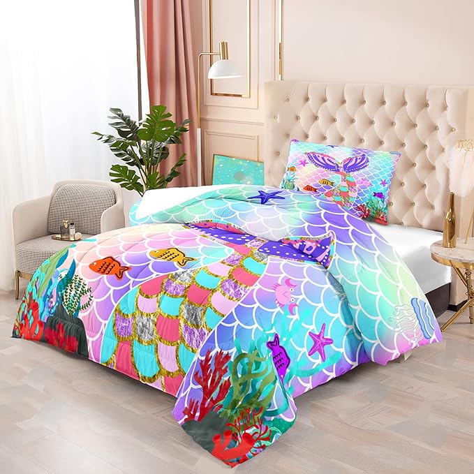 Mermaid Tail Comforter Set Twin for Kids Girls Bedroom, Rainbow Mermaid Fish Scale Comforter Set Twin Bed in a Bag, Glitter Mermaid Printed Pattern Bedding Decor 1 Comforter 1 Pillowcase