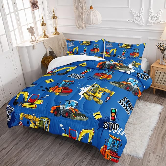Axolotl Bedding Set, Twin, Blue Excavator, 3Pcs Boys Comforter, Polyester, All Seasons, Machine Wash, Bedding Set for Kids Children Teens Bedroom Decor