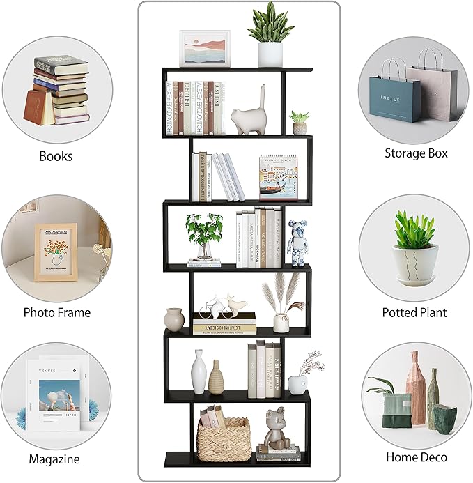 Yusong Bookshelf 6-Tier, Geometric Bookcase S Shaped Book Shelves for Bedroom, Modern Wood Decorative Display Shelf Tall Book Case for Home Office, Black